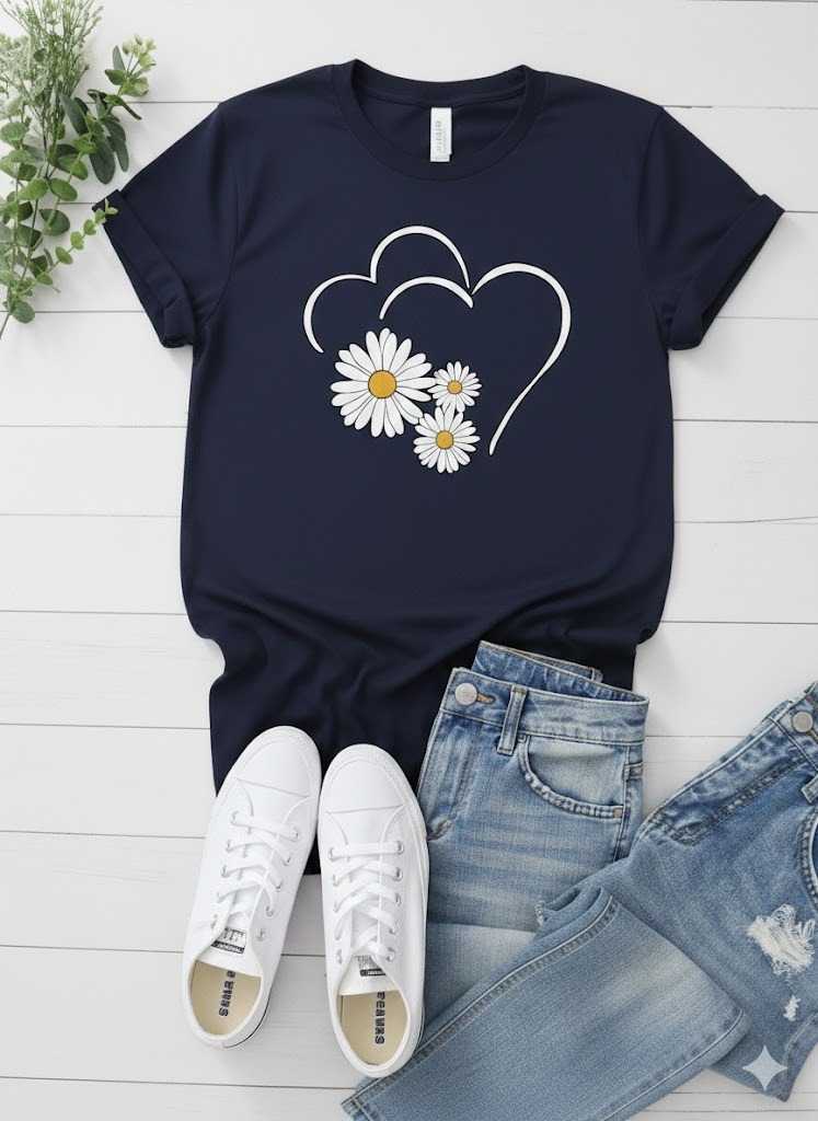 Cute Flower & Heart Printed T-Shirt For Women's